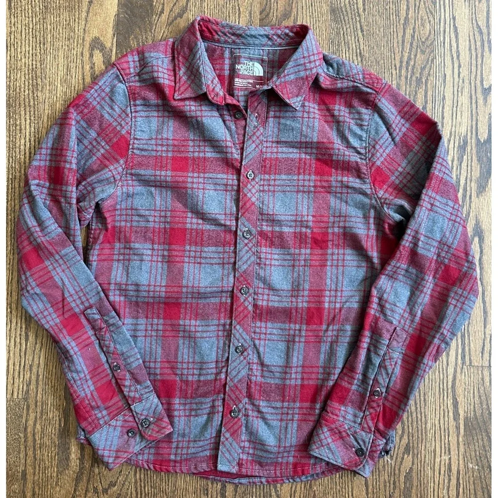 The North Face Mens Approach Flannel Shirt Red Gray Plaid Long Sleeve M
